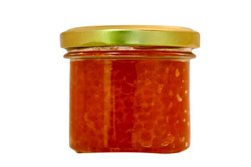 A glass jar of red caviar, isolated on a white background