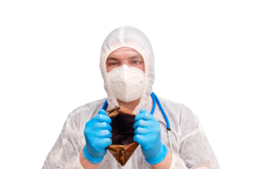 Man doctor medic in a protective suit uniform with goggles and face mask, isolated on a white background. Paramedic in white antiviral protective clothing wearing an N95 respirator and safety glasses