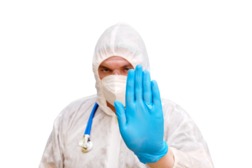 Man doctor medic in a protective suit uniform with goggles and face mask, isolated on a white background. Paramedic in white antiviral protective clothing wearing an N95 respirator and safety glasses