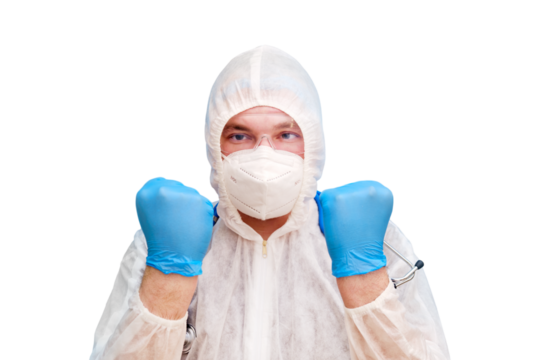 Man doctor medic in a protective suit uniform with goggles and face mask, isolated on a white background. Paramedic in white antiviral protective clothing wearing an N95 respirator and safety glasses