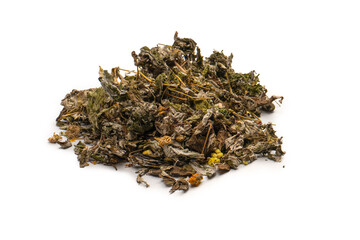 Dry tea leaves and dry fruit isolated on white background.