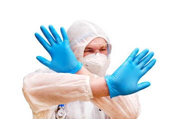 Man doctor medic in a protective suit uniform with goggles and face mask, isolated on a white background. Paramedic in white antiviral protective clothing wearing an N95 respirator and safety glasses