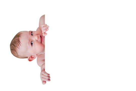 Sly baby in a crib with a angry look, isolated on a white background. Funny child, age six months