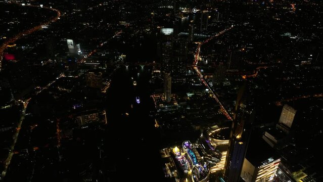 Aerial View Of Chao Phraya River Bangkok City Thailand At Night.