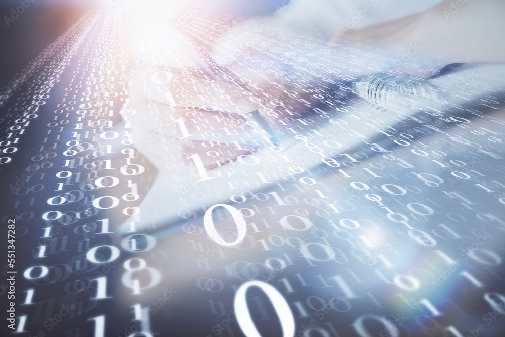 Aufkleber Double exposure of woman's hands on background with technology and digital coding icons. Data development concept. Close up.
