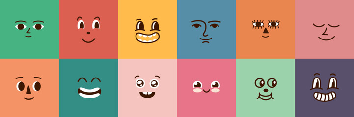 Cute cartoon faces vector mascot. Retro emotional face, diverse square emotions design. Positive trendy characters, abstract funny elements