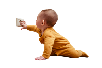 Baby toddler reaches into the electrical outlet on the home wall with his hand, isolated on a white background. Danger and protection of child fingers from electric shock