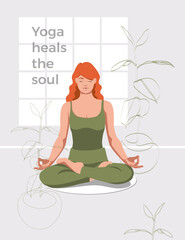 Woman  with long red hair sitting in lotus poses. Yoga studio minimalistic interior with house plants. Warm color vector illustration. Yoga meditation