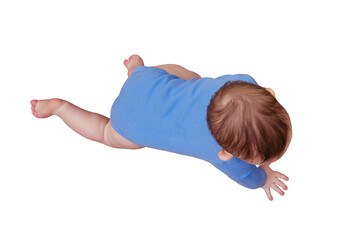 Happy baby toddler crawls on a wooden laminate, isolated on a white background. Funny child on the...