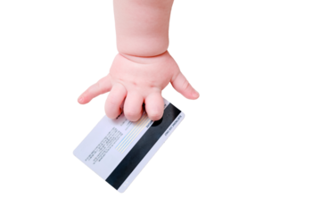 Baby hand and credit plastic card, close-up, isolated on a white background. Children fingers and an object on a white background