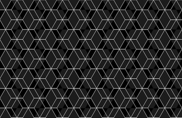 Fototapeta premium Hexagonal abstract geometric background. Geometrical horizontal 3d seamless pattern, dark texture with white geometry elements. Fashion grid vector design