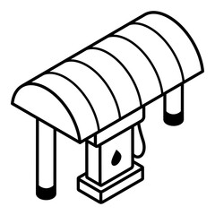 An outline isometric icon of fuel production 