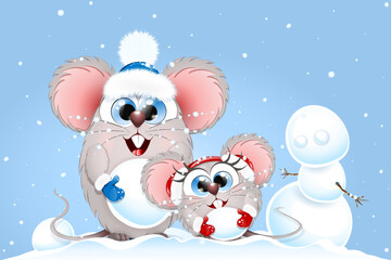 Cartoon funny two mice playing under winter snowfall and making snowman.