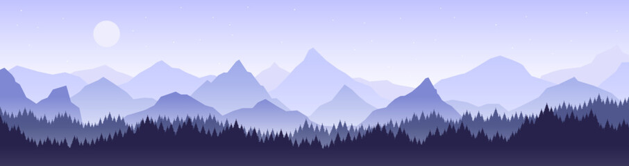 Mountains panorama european landscape. Mountain skying travel background. Nature majestic racy vector exposure with forest in fog and rock peaks