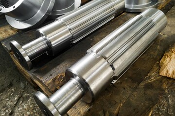 Splined shaft after turning and milling on the rack closeup.