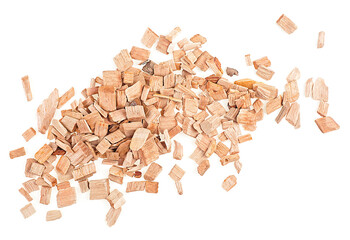 Wood chips isolated on a white background, top view. Sliver of alder wood.