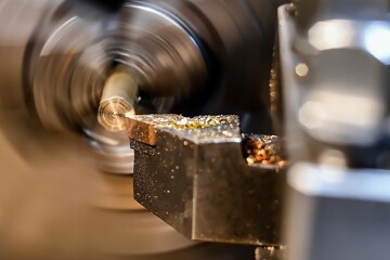 A worker makes a brass and bronze bolt on a lathe.