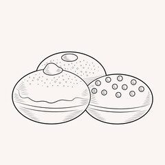 Vector illustration of sweet doughnuts for Happy Jewish Holiday Hanukkah festival decoration. Sufganiyot jelly hand drawn element