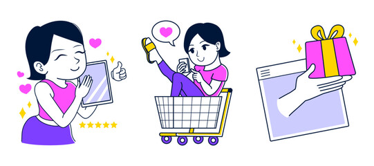 Vector illustration of woman purchasing online shopping and getting delivery. Business concept illustrations. Visual stories collection.