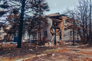 Administrative building damaged by shelling. War in Ukraine