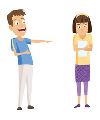 Fototapeta premium Kids bullying. Childish bullies or verbal and physical conflict between children. Bad child behavior, scared and strong angry children conflict, cartoon characters confrontation
