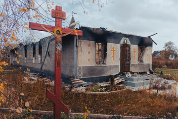 Countryside. Orthodox church damaged after shelling