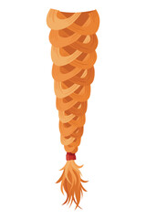 Hair braid. Long female fashion plait. Vector illustration of human hair in natural color. Cartoon art illustration with ribbon isolated on white background