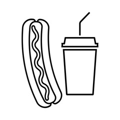 Hot dog and drink line icon. Steamed or grilled sausage in elongated bun and disposable cup with beverage. Vector Illustration