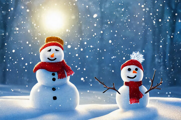 Fototapeta premium Snowy winter with a snowman.