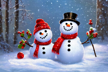 Fototapeta premium Snowy winter with a snowman.