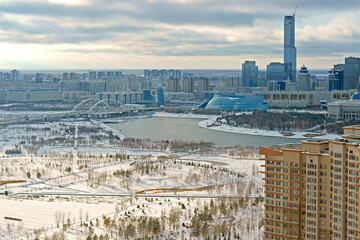 Urban landscape. View of Astana, capital of Kazakhstan, and Ishim River on winter day