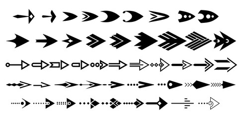 Naklejka premium Arrows collection in black color on white background for web design, mobile apps, interface. Modern graphic direction signs, cursor icons. arrow different shapes in modern simple flat style