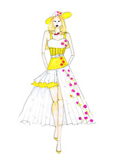 A woman in a combined summer sundress. Fashion illustration. Children's drawing