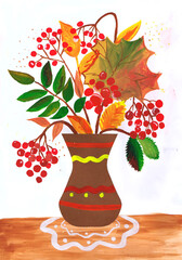 Vase with autumn bouquet. Children's drawing - 551352218