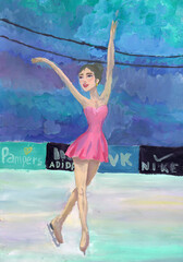RUSSIA - NOVEMBER 25, 2022: Figure skater performs at the competition. Children's drawing