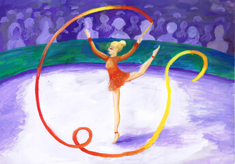 A ribbon gymnast performs at the circus arena. Children's drawing