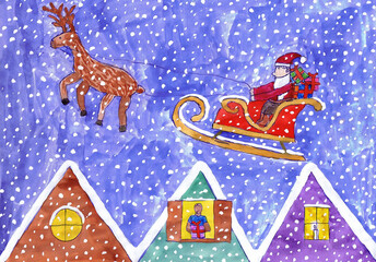 Santa Claus rides across the sky in a sleigh with a deer. Children's drawing - 551352414