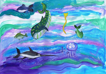 Fish and marine animals swim at sea. Children's drawing - 551352480