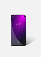 Vector illustration of a mobile phone with dark blue and purple screen turned on on light gray background