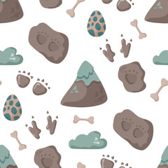 Dinosaur seamless pattern footprint tracks. Minimal color background with paw, stones, rainbow. Dinosaur footprint seamless pattern perfect for textile, wrap and wallpaper and design.