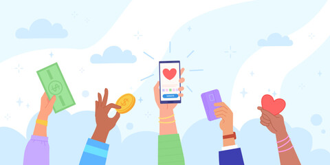 Charitable mobile donation. Online phone app charity, food and money internet donations hands with smartphone giving gift share contribution digital help concept vector illustration