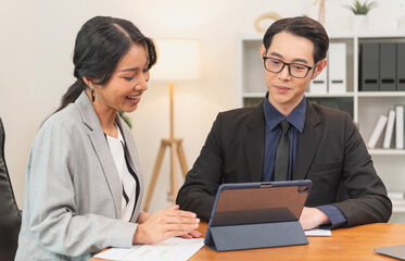 Smiling asian businesswoman showing tablet to her manager during a meeting in the office. secretary and boss in the office discuss new strategies and business development plans.
