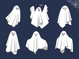 Different cloth Ghosts with scary, spooky, happy and funny faces. Collection of cute magic white flying phantoms. Halloween symbol vector illustration