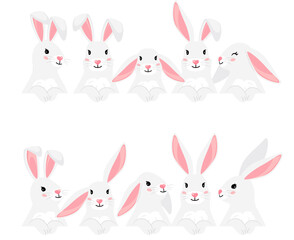 Funny bunny pets collection for your design. Chinese new year symbol. White furry hares isolated on white background. Vector illustration of cartoon cute easter characters rabbits