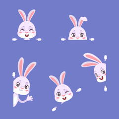 Fototapeta premium Hiding rabbits. Peeking easter rabbit, cute bunny peek from hole, cartoon animal with space for text banners border or frame in funny paw, kid boo gift pet vector illustration
