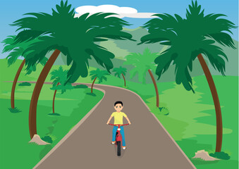 among the trees
 and boy cycling on dirt road
