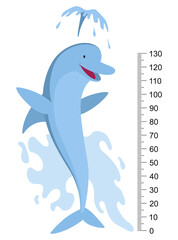 Height measure with growth ruler chart with cute cartoon dolphin animal. Funny kids meter, wall scale from 0 to 130 centimeter to measure growth. Children room wall sticker as interior decor - obrazy, fototapety, plakaty