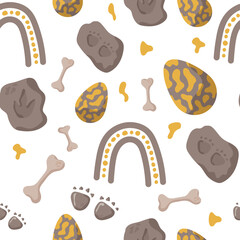 Dinosaur seamless pattern footprint tracks. Minimal color background with paw, stones, rainbow. Dinosaur footprint seamless pattern perfect for textile, wrap and wallpaper and design.