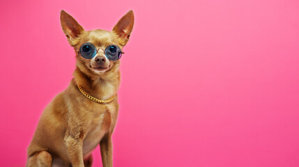Portrait small dog in gold chain on neck and round sunglasses against pink background.
