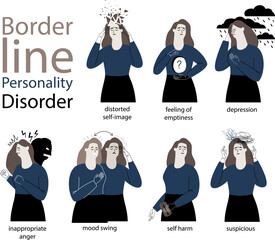 Set of vector illustrations of a woman suffering from mental borderline personality disorder. Mood swings, obsessive thoughts, psychosis - obrazy, fototapety, plakaty